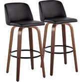 Toriano 30" Swivel Bar Stool in Walnut Wood & Black Leatherette with Black Footrest (Set of 2)